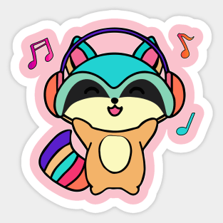 Happy smiling baby raccoon with headphones. Kawaii cartoon Sticker